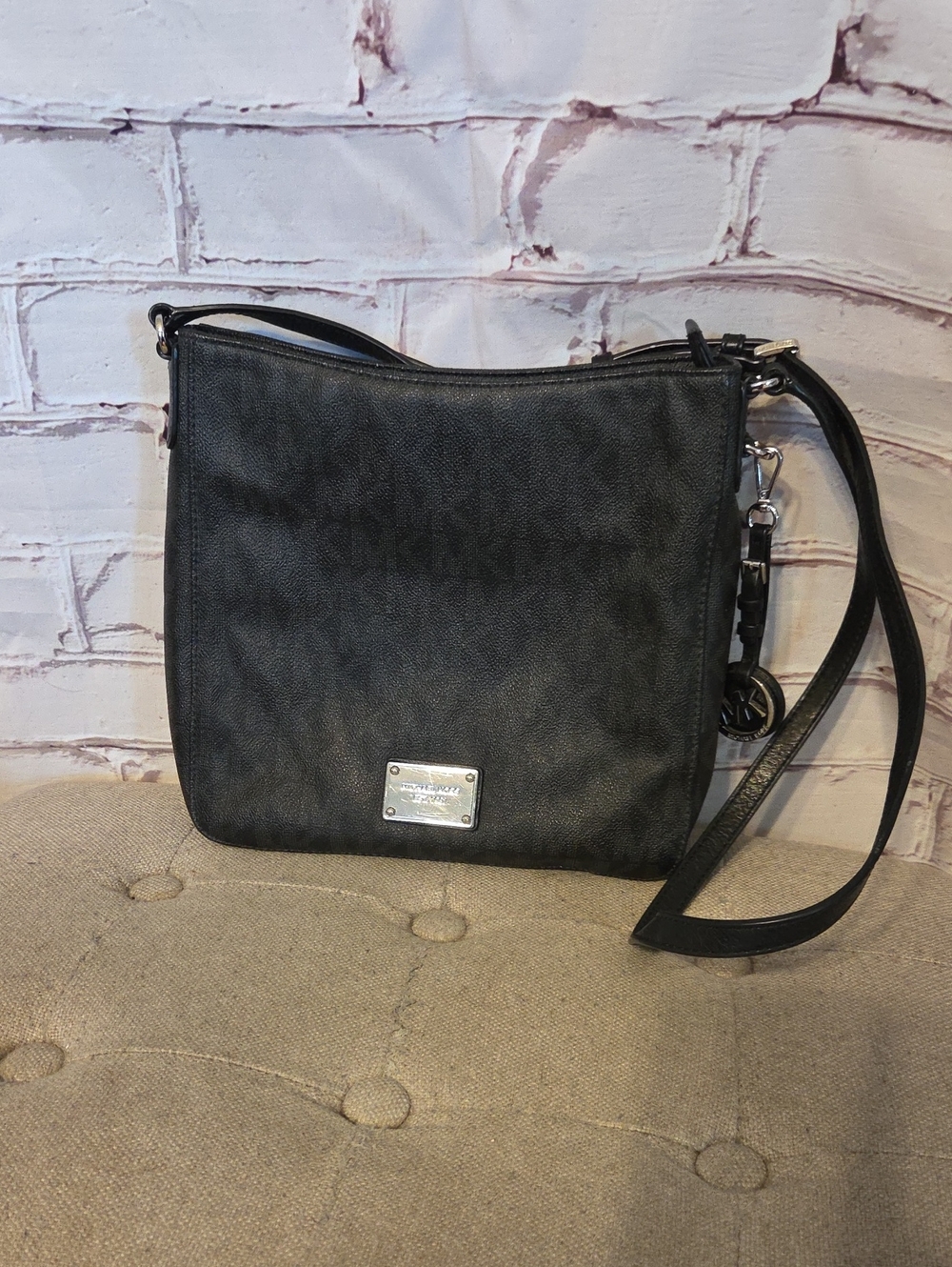 Michael Kors Charcoal Black Signature Crossbody with Silver Plate